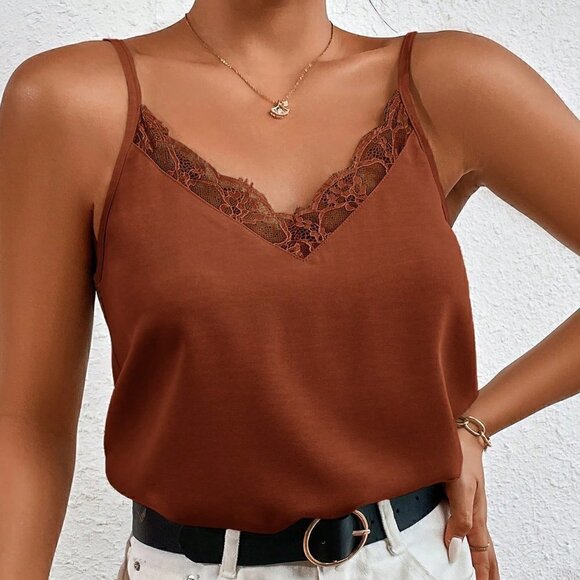 Brown Boho Womens Contrast Lace Cami Top - Picture 3 of 5